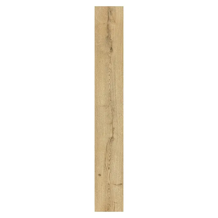 LOGOCLIC Laminado Roble Massai - 1.380 x 193 x 8 mm, Roble, AC4 - Primer plano de una tabla de madera marrón clara que muestra patrones de grano naturales. Ideal para interiores rústicos y detalles elegantes.