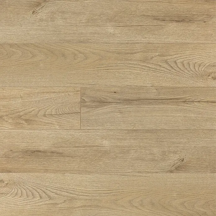 LOGOCLIC Laminado Roble Selva - 1.380 x 193 x 10 mm, Roble Selva, AC5 - Primer plano de suelo laminado de madera clara que muestra el grano de madera natural y un aspecto cálido y acogedor. Ideal para diseños de interiores modernos.
