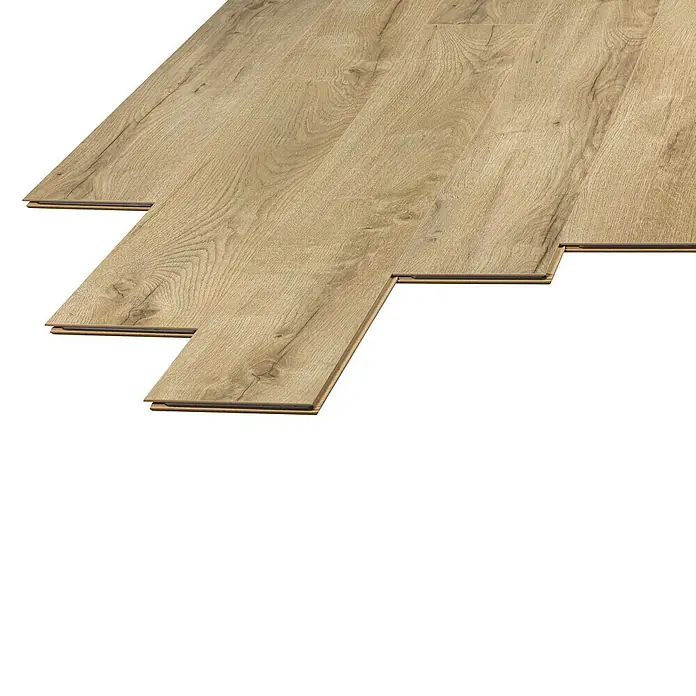LOGOCLIC Laminado Roble Selva - 1.380 x 193 x 10 mm, Roble Selva, AC5 - Vista de tablones de suelo laminado de color marrón claro entrelazados, mostrando un diseño de suelo moderno y elegante.