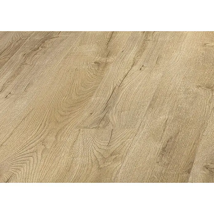 LOGOCLIC Laminado Roble Selva - 1.380 x 193 x 10 mm, Roble Selva, AC5 - Primer plano de suelo laminado de madera clara con vetas y ligero desgaste.