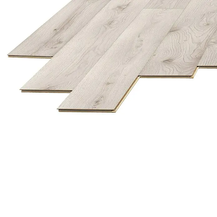 LOGOCLIC Laminado Roble Baltimore - 1.380 x 193 x 10 mm, AC5 - Primer plano de suelo laminado claro que muestra una atractiva textura de veta de madera, ideal para interiores modernos.