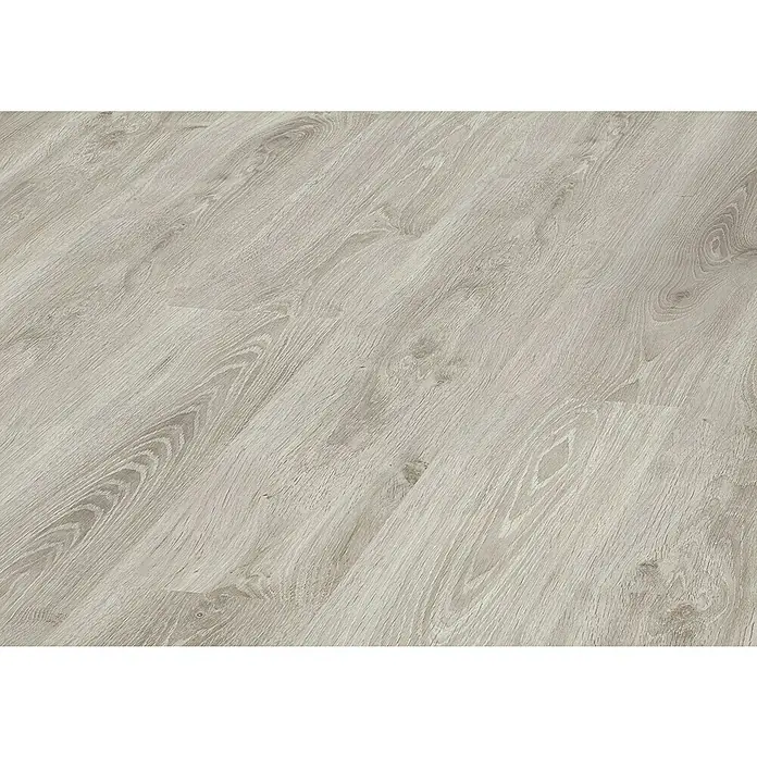 LOGOCLIC Laminado Roble Mustang - 1.380 x 193 x 8 mm, AC5 - Suelo de madera clara con vetas. Elegante laminado en tonos grises y beige para un diseño de habitación moderno y aspecto natural.