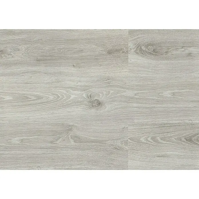LOGOCLIC Laminado Roble Mustang - 1.380 x 193 x 8 mm, AC5 - Primer plano de un suelo laminado gris claro que muestra vetas de madera natural, perfecto para interiores modernos y fácil mantenimiento.