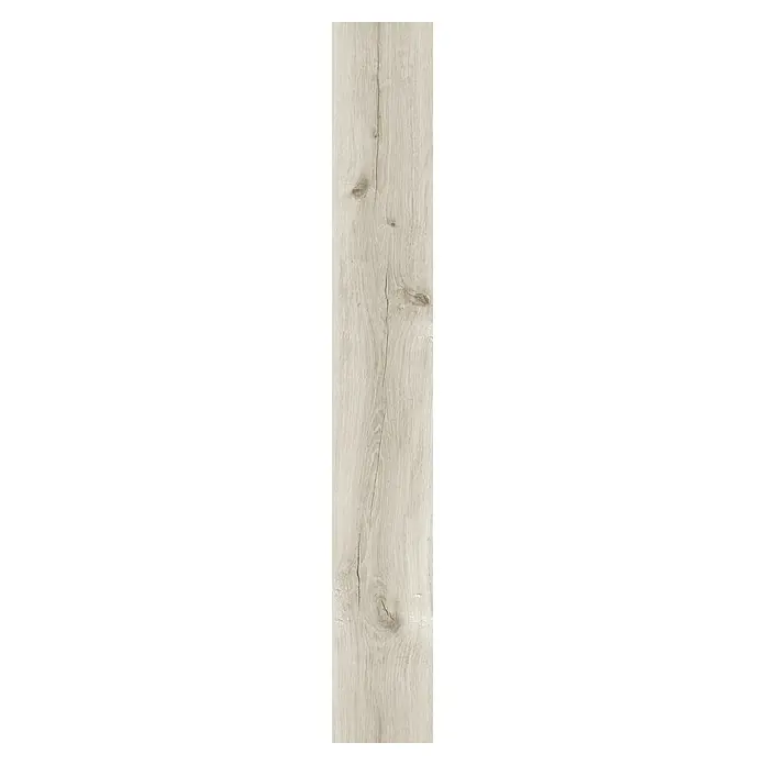 LOGOCLIC Laminado Roble Madox - 1.380 x 193 x 8 mm, AC4 - Imagen detallada de una sola tabla de madera clara con vetas y nudos prominentes, ideal para diseños de pisos de primera calidad.