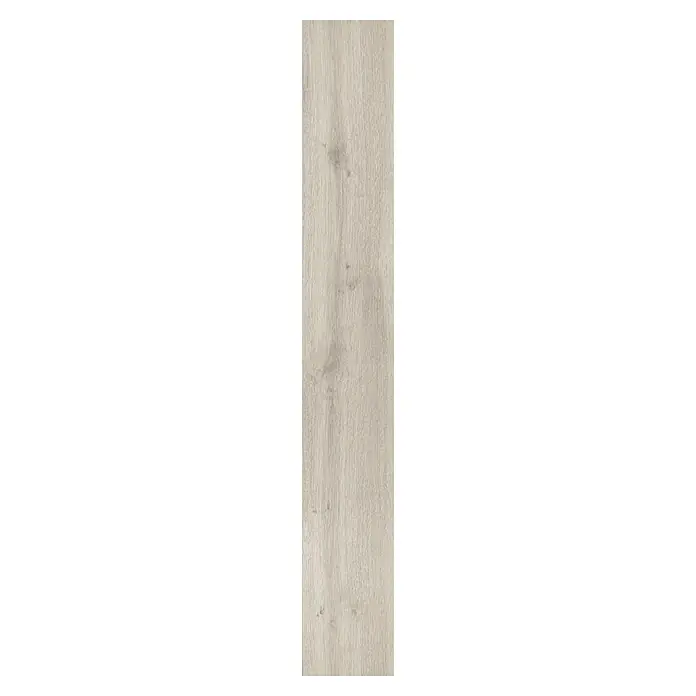 LOGOCLIC Laminado Roble Winter - 1.380 x 193 x 8 mm, AC4 - Primer plano de una sola tabla de madera con detalles de vetas únicos y una paleta de colores clara y natural.