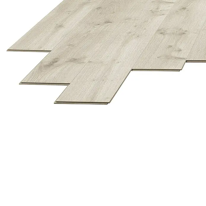 LOGOCLIC Laminado Roble Winter - 1.380 x 193 x 8 mm, AC4 - Primer plano de paneles de suelo laminado en un tono de madera clara, que muestra la estructura de conexión del sistema clic.