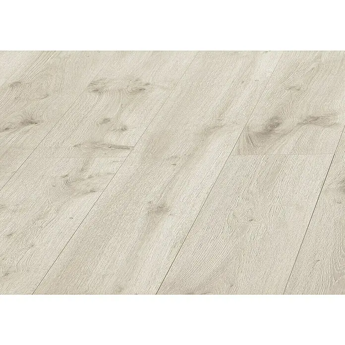 LOGOCLIC Laminado Roble Winter - 1.380 x 193 x 8 mm, AC4 - Primer plano de un suelo laminado claro que muestra una textura de madera auténtica, creando un ambiente moderno y acogedor.