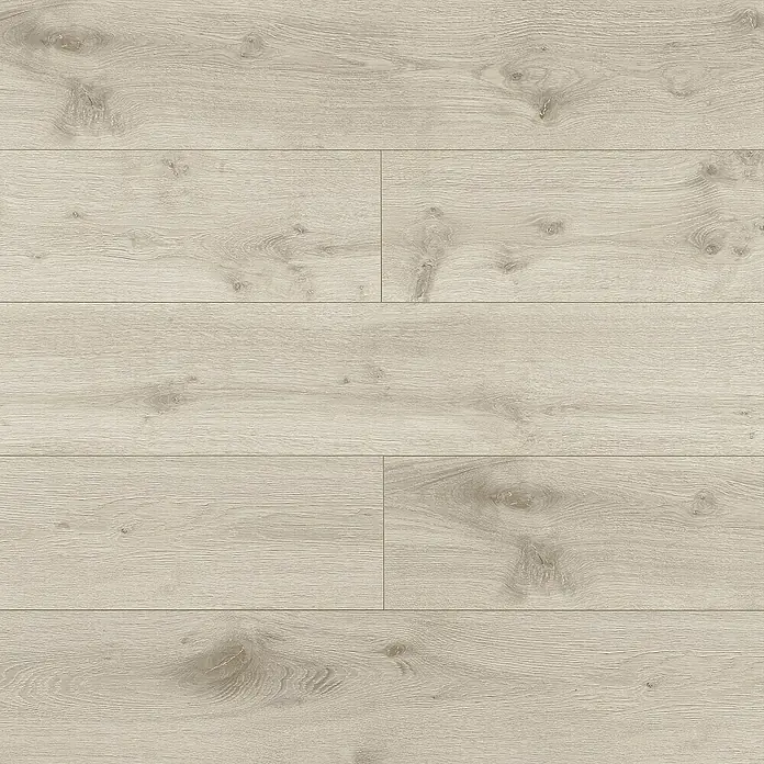 LOGOCLIC Laminado Roble Winter - 1.380 x 193 x 8 mm, AC4 - Primer plano de un suelo laminado de madera clara, que muestra la veta natural y el color de la madera. Las tablas están colocadas con precisión.