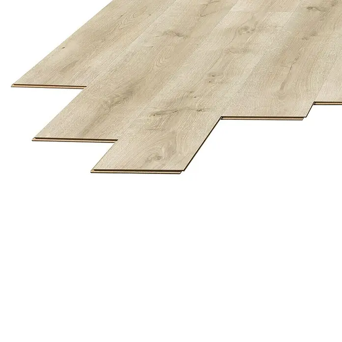 LOGOCLIC Laminado Roble Kiev - 1.380 x 193 x 10 mm, Roble, AC5 - Detalle de láminas de suelo laminado de color claro. El laminado presenta una textura sutil de grano de madera y una superficie lisa.