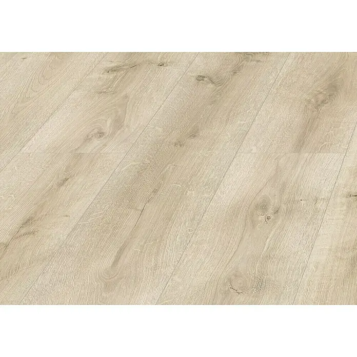 LOGOCLIC Laminado Roble Kiev - 1.380 x 193 x 10 mm, Roble, AC5 - Primer plano de un suelo laminado claro, que muestra una textura natural de vetas de madera con sutiles variaciones de color. Ideal para espacios.