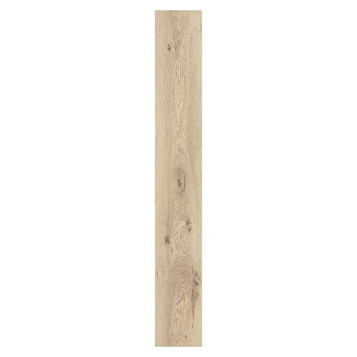 LOGOCLIC Laminado Roble Habana - 1.380 x 193 x 8 mm, Roble, AC4 - Primer plano de una sola tabla de piso de madera dura marrón claro que muestra la veta y los nudos de la madera.