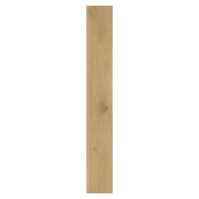 LOGOCLIC Laminado Roble Di Trevi - 1.380 x 193 x 8 mm, Roble, AC5 - Primer plano de una sola lámina de laminado en tonos cálidos de madera, ideal para suelos modernos con aspecto de madera natural.
