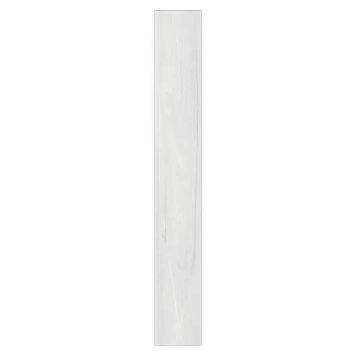LOGOCLIC Laminado Roble Bruma - 1.380 x 193 x 10 mm, AC5 - Primer plano de una sola tabla de madera blanca con veta visible, ideal para interiores modernos y pisos.