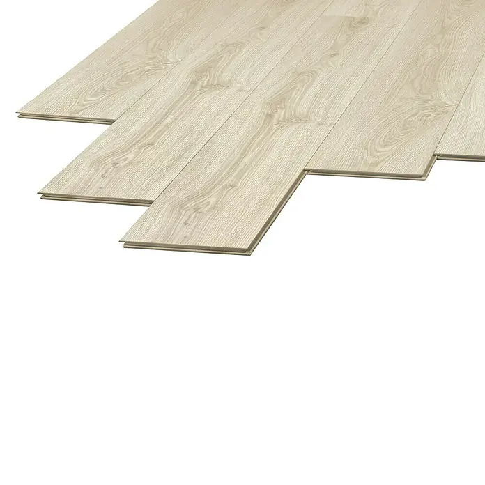 LOGOCLIC Laminado Roble Acapulco - 1.380 x 193 x 10 mm, AC4 - Detalle de suelo laminado claro con diseño de vetas de madera. Los paneles están colocados con precisión, mostrando un patrón elegante.