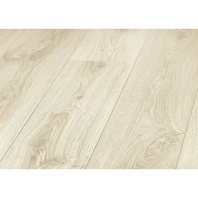 LOGOCLIC Laminado Roble Acapulco - 1.380 x 193 x 10 mm, AC4 - Primer plano de suelo laminado claro con textura de vetas de madera, ideal para espacios modernos.