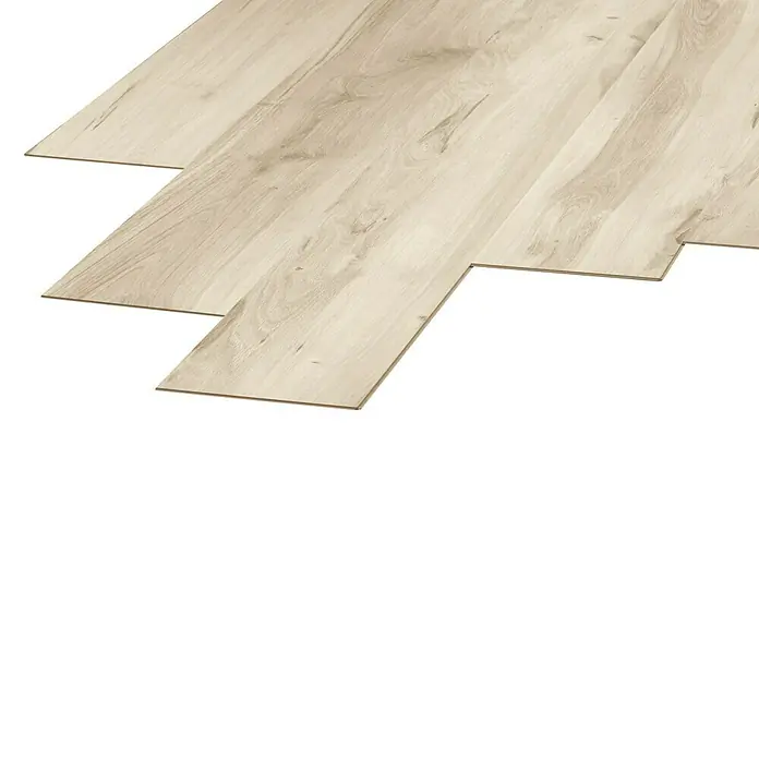 LOGOCLIC Laminado Roble Monik - 1.380 x 193 x 7 mm, Roble, AC3 - Un primer plano muestra suelos de madera clara, creando un ambiente acogedor y moderno para cualquier espacio.\n