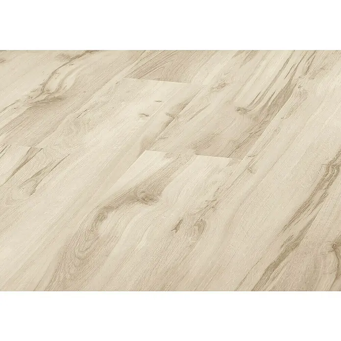 LOGOCLIC Laminado Roble Monik - 1.380 x 193 x 7 mm, Roble, AC3 - Primer plano de suelo laminado claro con un patrón de vetas de madera, que ofrece un ambiente moderno y elegante.