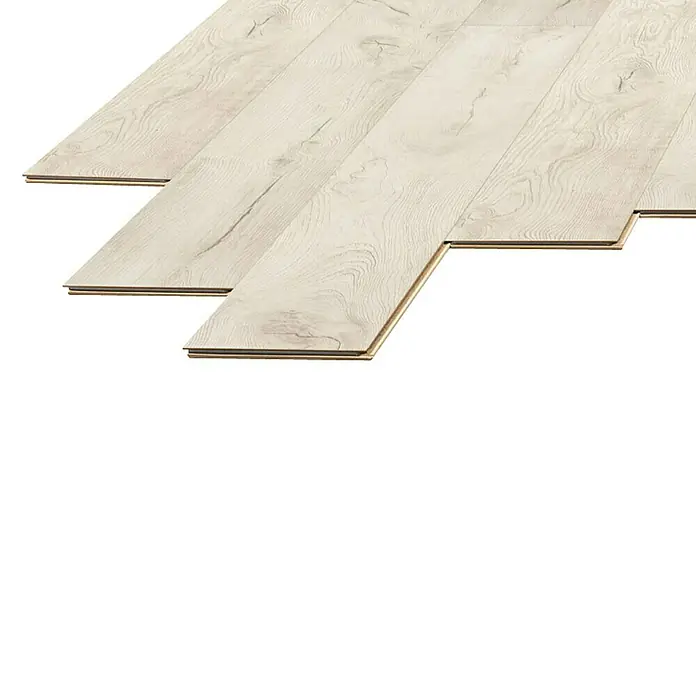 LOGOCLIC Laminado Roble Alen - 1.380 x 193 x 10 mm, AC4 - Primer plano de un suelo laminado, que muestra su sistema de enclavamiento y el diseño detallado de la veta de la madera. Para renovar.