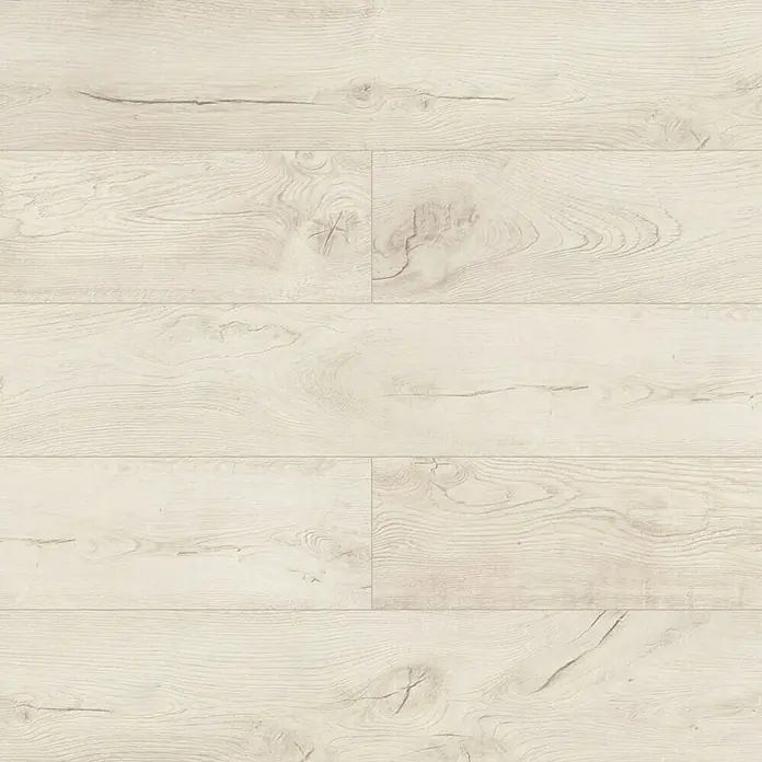 LOGOCLIC Laminado Roble Alen - 1.380 x 193 x 10 mm, AC4 - Primer plano de un suelo laminado claro con un patrón de vetas de madera natural, ideal para interiores modernos.