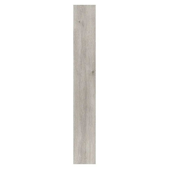 LOGOCLIC Laminado Roble Origin - 1.375 x 188 x 12 mm, AC5 - Primer plano de una sola baldosa de madera gris alargada con un patrón de vetas de madera distintivo.
