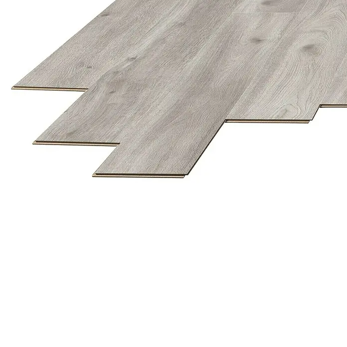 LOGOCLIC Laminado Roble Origin - 1.375 x 188 x 12 mm, AC5 - Primer plano de tablones de suelo laminado gris claro, que muestra su sencillo sistema de enclavamiento y su estética de diseño moderno.