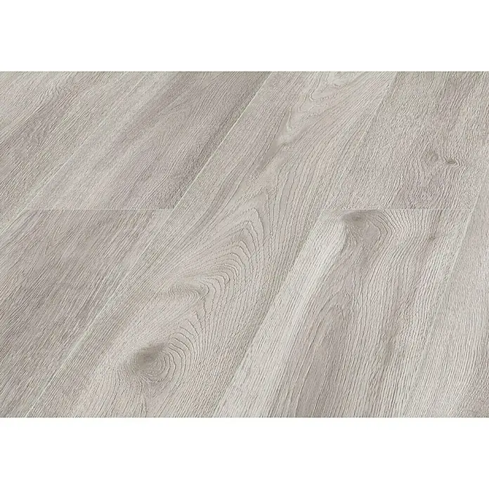 LOGOCLIC Laminado Roble Origin - 1.375 x 188 x 12 mm, AC5 - Primer plano de un suelo laminado de madera clara que muestra el grano y las juntas, perfecto para interiores modernos.