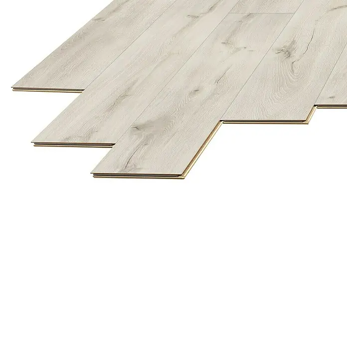 LOGOCLIC Laminado Roble Rimini - 1.375 x 188 x 12 mm, AC5 - Suelo laminado gris claro con sistema clic, ideal para interiores modernos, que muestra una fácil instalación y un aspecto de madera natural.