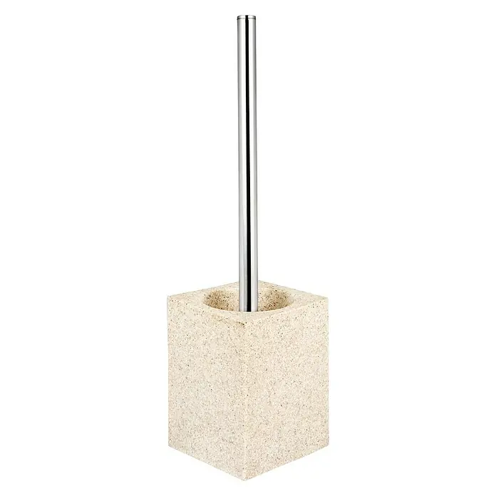 Bath Stage B-Kind Conjunto de escobilla - 10 x 10,5 x 37 cm, Plástico, Arena - Primer plano de un escobillero de piedra con mango plateado, un accesorio de baño elegante y funcional.