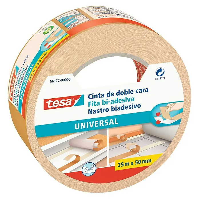 Tesa Cinta de doble cara para moquetas Universal - 50 mm x 25 m, Marrón - Cinta de doble cara Tesa "Universal" 25m x 50mm. Cinta versátil para diversas aplicaciones en el hogar y la oficina.