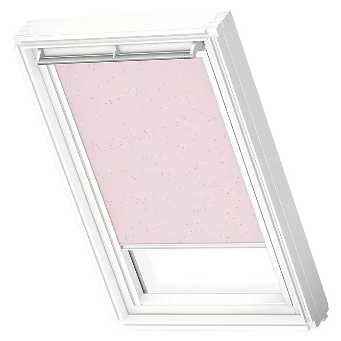 Velux Dachfensterrollo DKL PK08 4659SWL - Farbe: Kids Rosa Sterne - 4659SWL, Farbe Schiene: Weiß, Manuell - Nahaufnahme eines Dachfensters mit einem rosa Verdunkelungsrollo, das teilweise geöffnet ist und das Licht filtert.