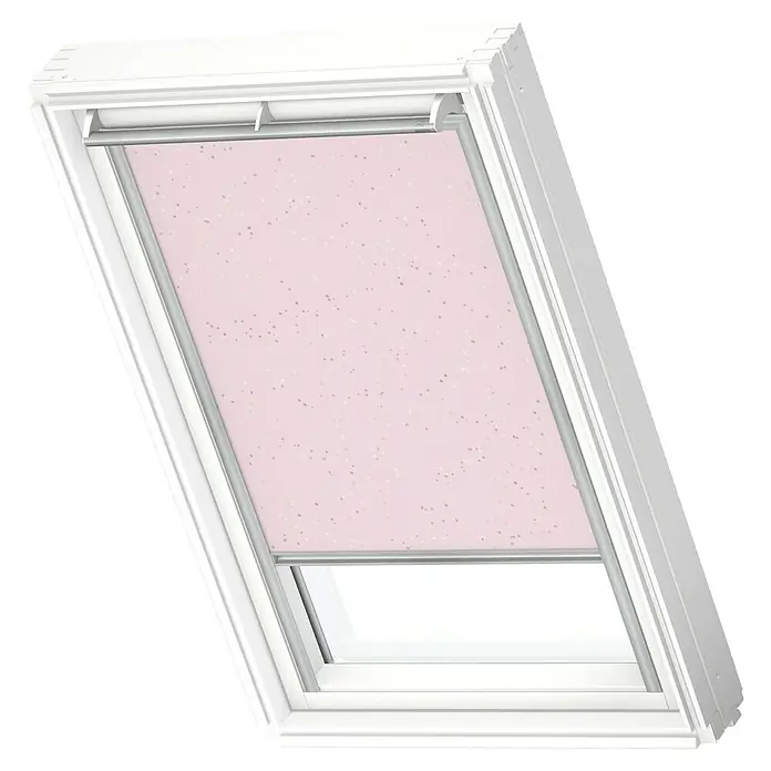 Velux Dachfensterrollo DKL P08 4659S - Farbe: Kids Rosa Sterne - 4659S, Farbe Schiene: Aluminium, Manuell - Dachfenster mit rosa Rollo, das für Privatsphäre und gedämpftes Licht sorgt. Ideal zur Verdunkelung und zur Dekoration des Raumes.