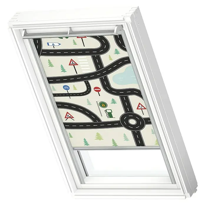 Velux Dachfensterrollo DKL M10 4655S - Farbe: Kids Straßen - 4655S, Farbe Schiene: Aluminium, Manuell - Das Bild zeigt ein Dachfenster mit einem Verdunkelungsrollo mit einem verspielten Straßenmuster, ideal für Kinderzimmer.