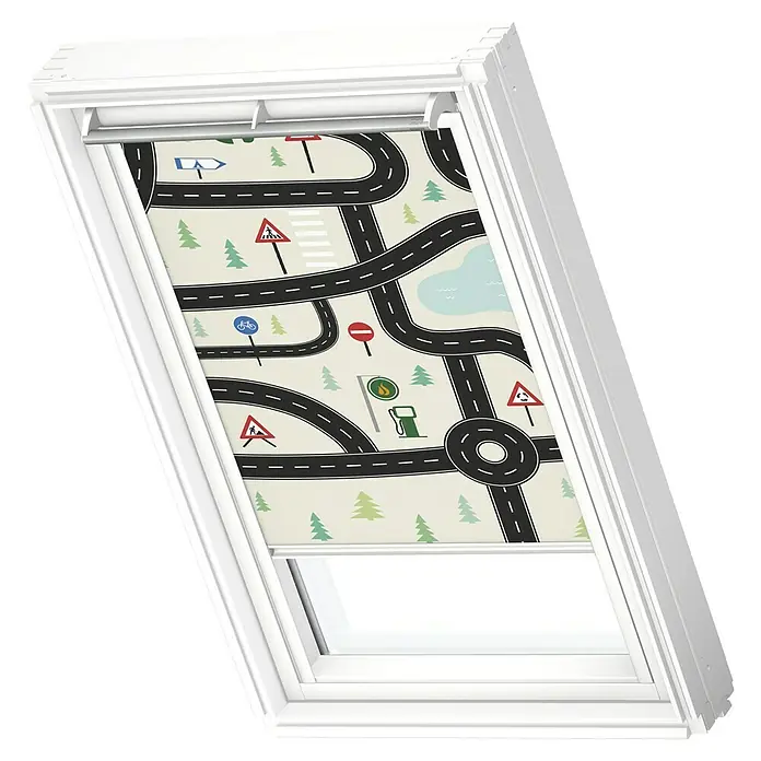 Velux Dachfensterrollo DKL U04 4655SWL - Farbe: Kids Straßen - 4655SWL, Farbe Schiene: Weiß, Manuell - Ein Dachfensterrollo mit einem bunten Straßenmuster, das eine spielerische und fantasievolle Atmosphäre in jeden Raum bringt. Ideal für Kinderzimmer.