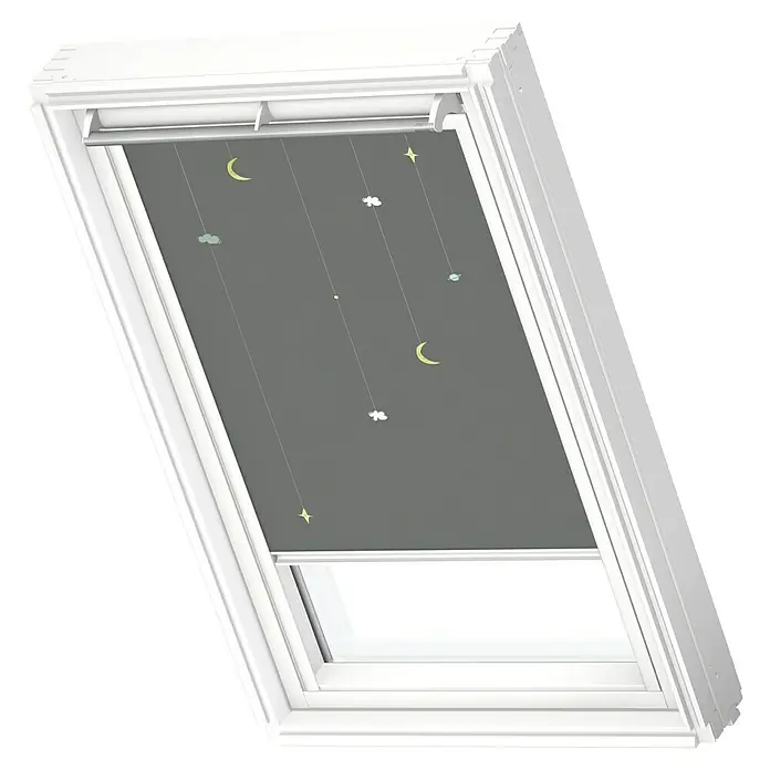 Velux Dachfensterrollo DKL FK06 4665SWL - Farbe: Kids Mobile - 4665SWL, Farbe Schiene: Weiß, Manuell - Dachfenster mit Rollo im Kinderzimmer-Design, grau mit Sternen, Monden und Wolken. Perfekt zur Verdunklung.