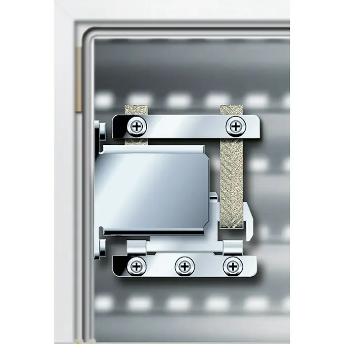 Schellenberg Protección antirrobo para persianas - 2 ud., Acero inoxidable, Apto para: Maxi sistemas de persianas enrollables - Imagen de una bisagra de puerta de microondas plateada con tornillos de cabeza Phillips, que muestra un diseño preciso y duradero para aplicaciones confiables de electrodomésticos de cocina.