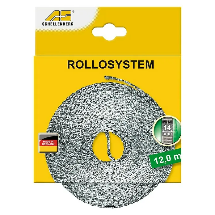 Schellenberg Cinta para persiana - Largo: 12 m, Anchura de la correa: 14 mm, Beige - Imagen de un paquete de un sistema de persiana enrollable Schellenberg con 12,0 m de cinturón.