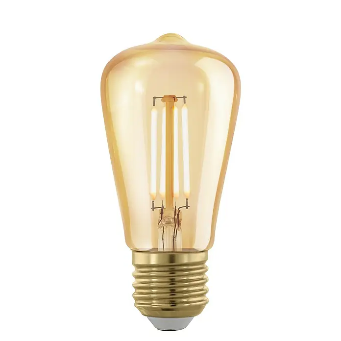 Eglo Bombilla LED Golden Age - E27, Intensidad regulable, Ámbar, 320 lm, 4 W, Pera - Primer plano de una bombilla LED ámbar con filamentos visibles, que irradia un brillo cálido, ideal para iluminación vintage y decorativa.