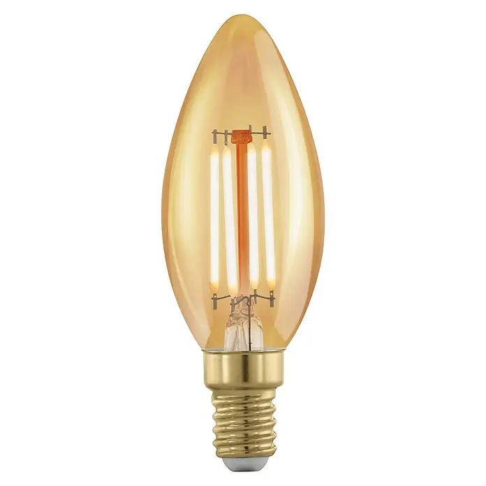 Eglo Bombilla LED Golden Age - E14, Intensidad regulable, Ámbar, 320 lm, 4 W, Vela - Primer plano de una bombilla Edison ámbar de estilo vintage con filamentos y una base dorada.