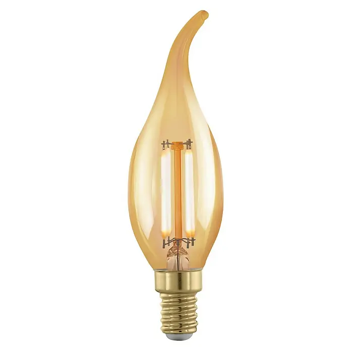 Eglo Bombilla LED Golden Age - E14, Intensidad regulable, Ámbar, 320 lm, 4 W, Otros - La imagen muestra una bombilla LED decorativa con una carcasa de vidrio tintada de oro, que emite una luz blanca cálida, ideal para iluminación ambiental.