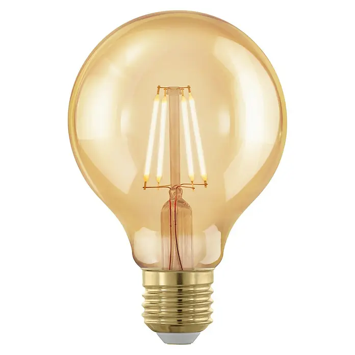 Eglo Bombilla LED Golden Age - E27, Intensidad regulable, Ámbar, 320 lm, 4 W, Redonda - Primer plano de una lámpara LED de color ámbar con filamentos visibles y una base dorada, que promete una luz cálida y acogedora.