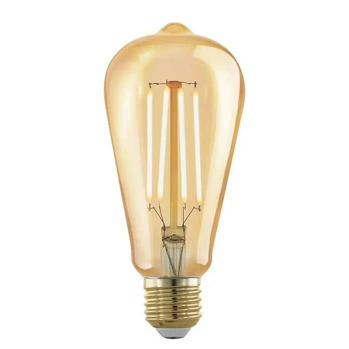 Eglo Bombilla LED Golden Age - E27, Intensidad regulable, Blanco cálido, 320 lm, 4 W, Forma de la lámpara: Pera - Esta imagen muestra una bombilla Edison de color dorado con un recinto de vidrio transparente y cuatro filamentos que emiten una luz cálida y acogedora. Ideal para un look vintage.