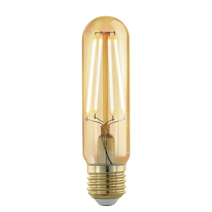 Eglo Bombilla LED Golden Age - E27, Intensidad regulable, Ámbar, 320 lm, 4 W, Cápsula - Primer plano de una bombilla alargada con tonalidad dorada y filamentos LED, que irradia una luz cálida y acogedora.