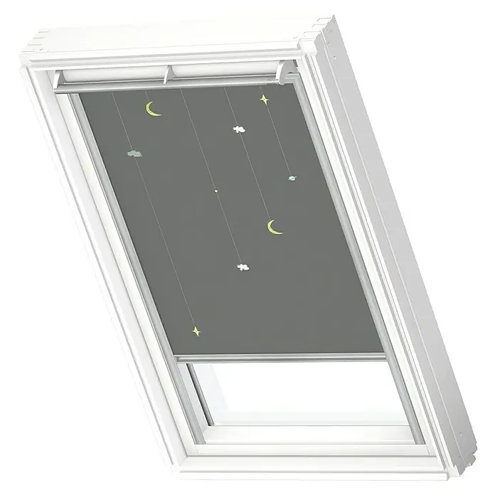 Velux Dachfensterrollo DKL M06 4665S - Farbe: Kids Mobile - 4665S, Farbe Schiene: Aluminium, Manuell - Dachfensterrollos mit Sternenmuster sorgen für einen erholsamen Schlaf und verdunkeln den Raum zuverlässig. Perfekt für Kinderzimmer.