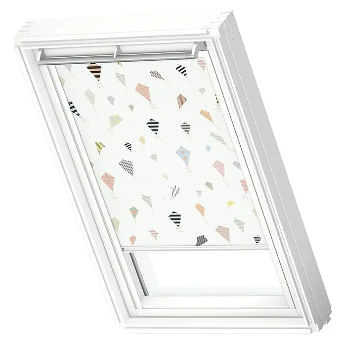 Velux Dachfensterrollo DKL SK06 4667SWL - Farbe: Kids Drachen - 4667SWL, Farbe Schiene: Weiß, Manuell - Dachfenster mit einem Rollosystem, das mit einem bunten Drachenmuster verziert ist und Lichtfilterung bietet.