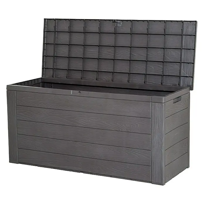 Jelenia Plast Garten-Aufbewahrungsbox Woody - 119 x 45 x 57 cm, Kunststoff, Anthrazit - Eine graue Gartenbox mit Holzoptik und offenem Deckel zur Aufbewahrung von Gartenutensilien.