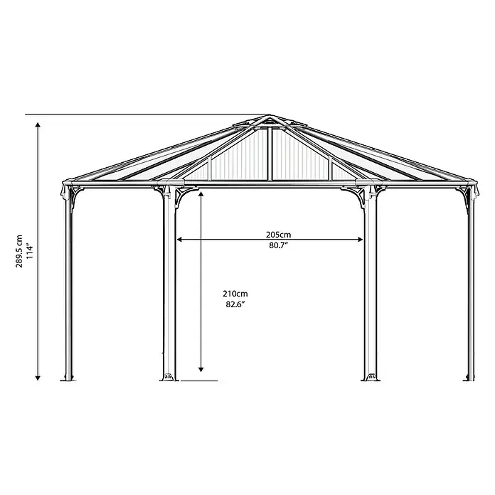 Palram – Canopia Pérgola estándar Mónaco - An x Pr: 390 x 450 cm, Color del armazón: Antracita, Aluminio - Vista del producto de la glorieta con dimensiones de altura y anchura en centímetros y pulgadas para ilustrar las medidas.