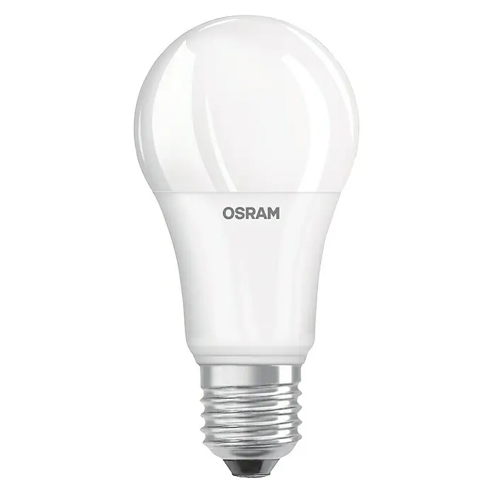 Osram Bombilla LED Superstar Classic A - E27, Intensidad regulable, Blanco cálido, 1.522 lm, 14,5 W - Primer plano de una bombilla LED OSRAM con base E27, conocida por su eficiencia energética y larga vida útil.
