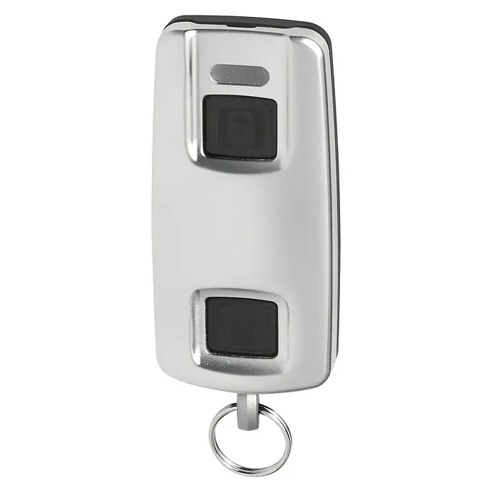Abus HomeTec Pro Control remoto CFF3000 - Específico para: Accionamiento de bloqueo de la puerta inalámbrico Abus HomeTec Pro CFA3000 S/W - Primer plano de un mando a distancia con dos botones y un llavero. Dispositivo práctico para aplicaciones de control remoto.