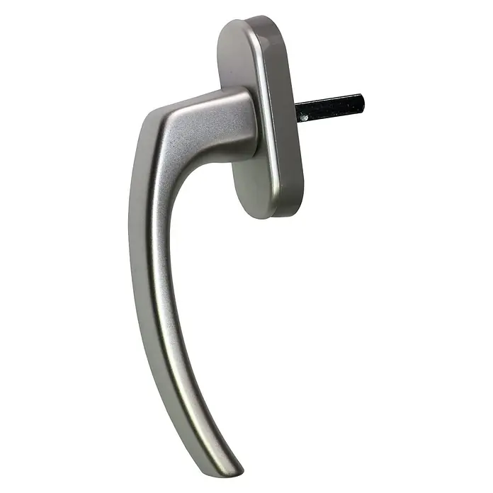 Solid Elements Fenstergriff - Silber, Passend für: Fenster bis 90 mm Bautiefe - Ein silberner Fenstergriff mit einem Vierkantstift ragt hervor, perfekt für moderne Fensterdesigns und einfache Bedienung.