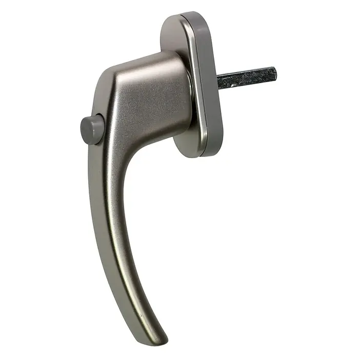Solid Elements Fenstergriff - Mit Druckknopf, Silber, Passend für: Fenster bis 90 mm Bautiefe - Fenstergriff aus Metall, silberfarben, mit einem grauen Knopf und einem Vierkantstift für die Montage am Fensterrahmen.